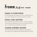 Fromm Family Pet Food advertisement with brand name and mission statement on a beige background