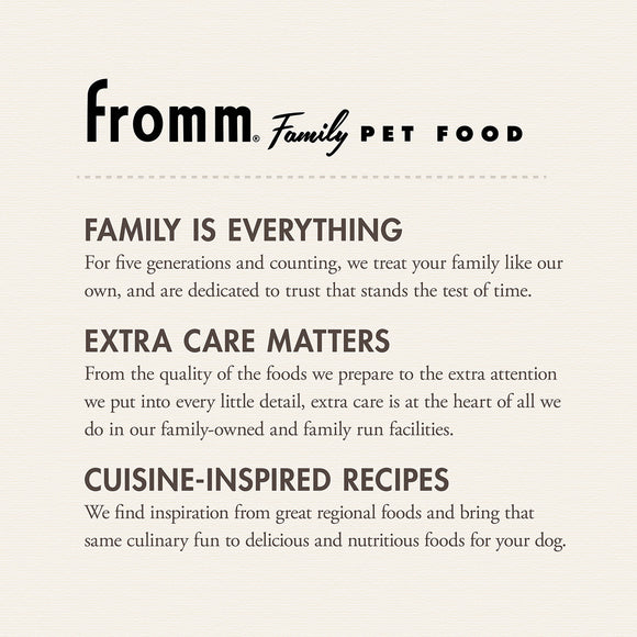 Fromm Family Pet Food advertisement with brand name and mission statement on a beige background