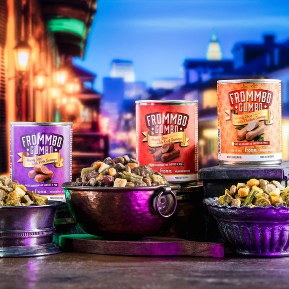 Three cans of Frommbo Gumbos with bowls of pet food on a city street at night.