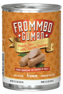 Can of Frommbo Gumbo Hearty Stew with Chicken Sausage for dogs on an orange background