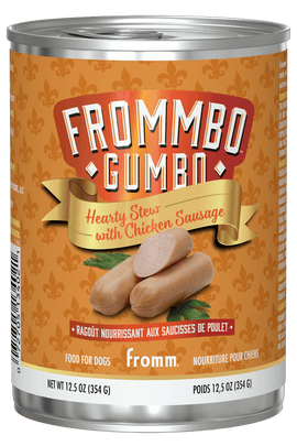 Can of Frommbo Gumbo Hearty Stew with Chicken Sausage for dogs on an orange background