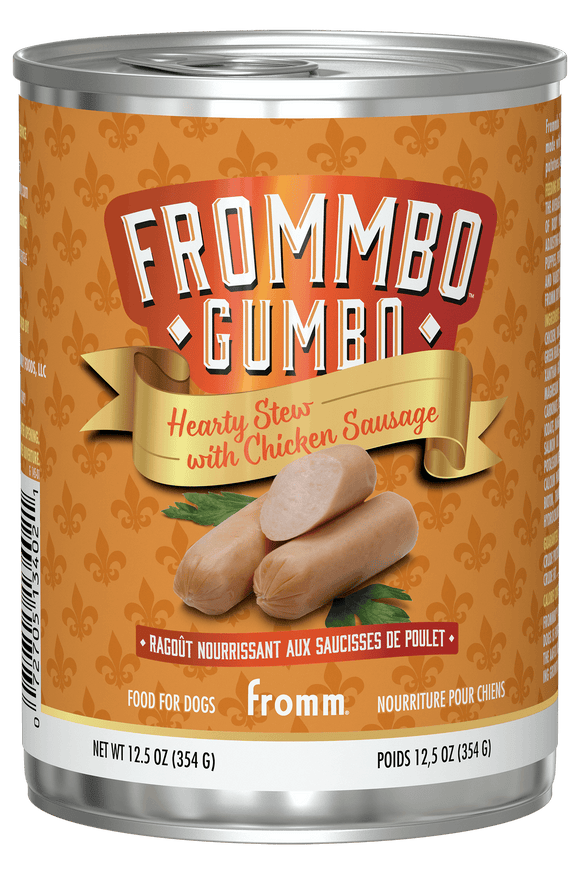 Can of Frommbo Gumbo Hearty Stew with Chicken Sausage for dogs on an orange background