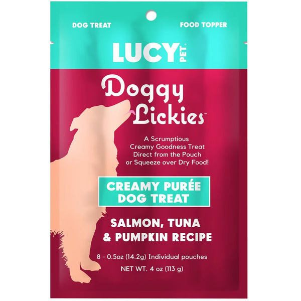 Lucy Pet Products Doggy Lickies Creamy Puree Dog Treat Salmon, Tuna  Pumpkin, 4-oz