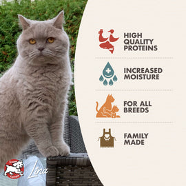 Gray cat sitting outdoors with a product label about high-quality proteins, increased moisture, and family-made production.