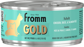 Can of Fromm Gold cat food with teal label and silver lid