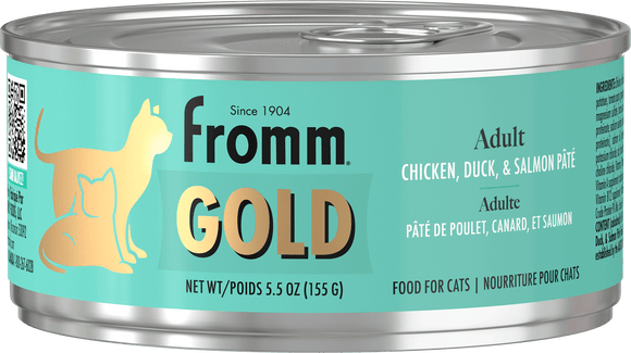 Can of Fromm Gold cat food with teal label and silver lid