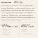 Product label with ingredients, guaranteed analysis, and caloric content on a white background.