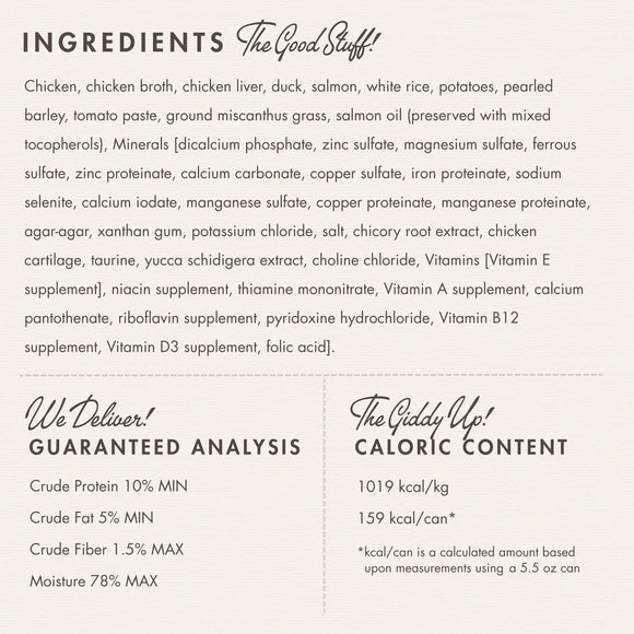 Product label with ingredients, guaranteed analysis, and caloric content on a white background.