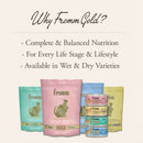 Fromm Gold pet food products with text highlighting benefits on a light background