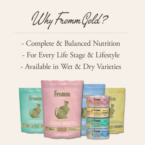 Fromm Gold pet food products with text highlighting benefits on a light background