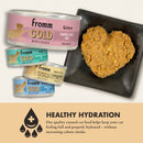 Fromm Gold cat food cans and a heart-shaped pate on a plate with text about healthy hydration.