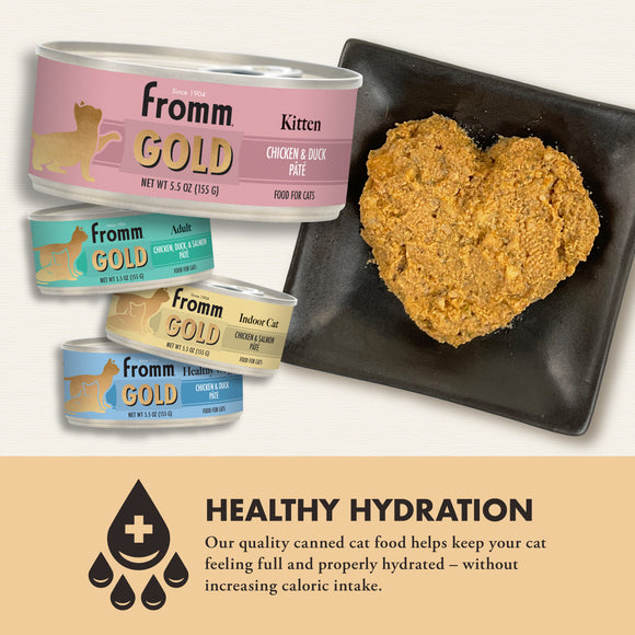 Fromm Gold cat food cans and a heart-shaped pate on a plate with text about healthy hydration.