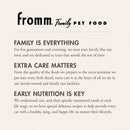 Fromm Family Pet Food advertisement with text about their commitment to pet care.