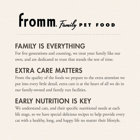 Fromm Family Pet Food advertisement with text about their commitment to pet care.