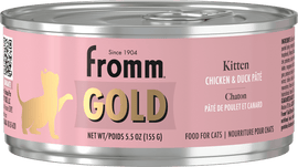 Can of Fromm Gold Kitten Chicken & Duck Pété food with pink label