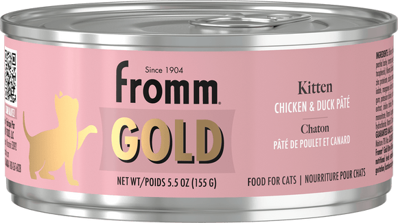 Can of Fromm Gold Kitten Chicken & Duck Pété food with pink label