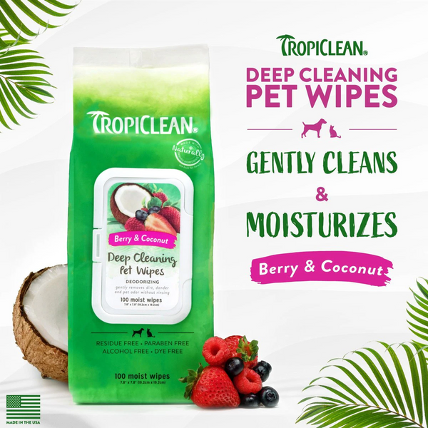 Tropiclean Deep Cleaning Berry & Coconut Deodorizing Pet Wipes (100 ct)