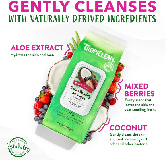 Tropiclean Deep Cleaning Berry & Coconut Deodorizing Pet Wipes (100 ct)