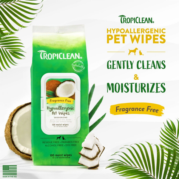 Tropiclean Hypoallergenic Deodorizing Wipes for Dogs & Cats (100 ct)