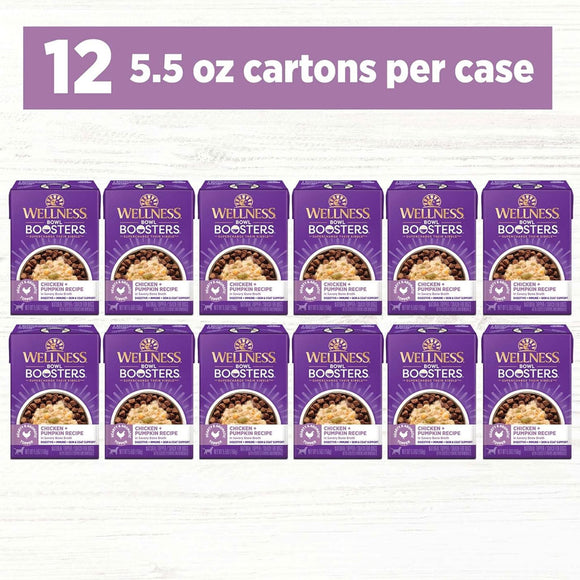 Display of Wellness Boosters pet food boxes with a purple banner indicating 12 cartons per case.
