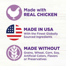 Logos indicating 'Made with Real Chicken', 'Made in USA', and 'Made without Grains, Wheat, Corn, Soy, Artificial Colors, Flavors or Preservatives' on a light background.
