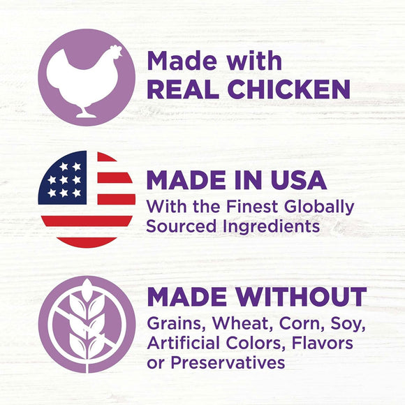 Logos indicating 'Made with Real Chicken', 'Made in USA', and 'Made without Grains, Wheat, Corn, Soy, Artificial Colors, Flavors or Preservatives' on a light background.