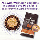Wellness Core dog food package with a bowl of dog food on a white background