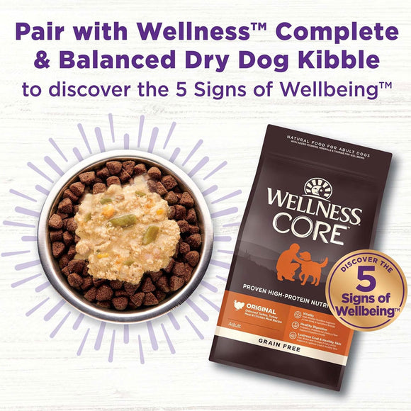 Wellness Core dog food package with a bowl of dog food on a white background