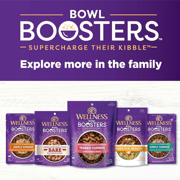 Wellness Bowl Boosters pet food packages on a white background with purple text.