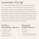 Product label with ingredients, guaranteed analysis, caloric content, and other details on a white background.