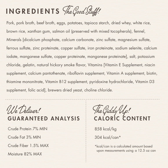 Product label with ingredients, guaranteed analysis, caloric content, and other details on a white background.