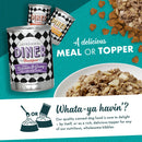 Fromm Diner canned dog food with text about meal or topper on a teal background