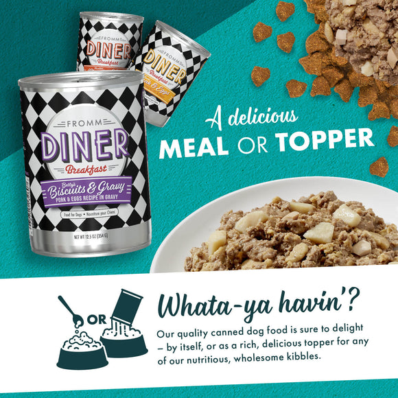 Fromm Diner canned dog food with text about meal or topper on a teal background