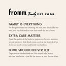 Fromm Family Pet Food advertisement with brand name and mission statement on a beige background