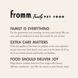 Fromm Family Pet Food advertisement with brand name and mission statement on a beige background