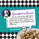 Promotional graphic for a pet food brand with text and a bowl of food on a checkered background