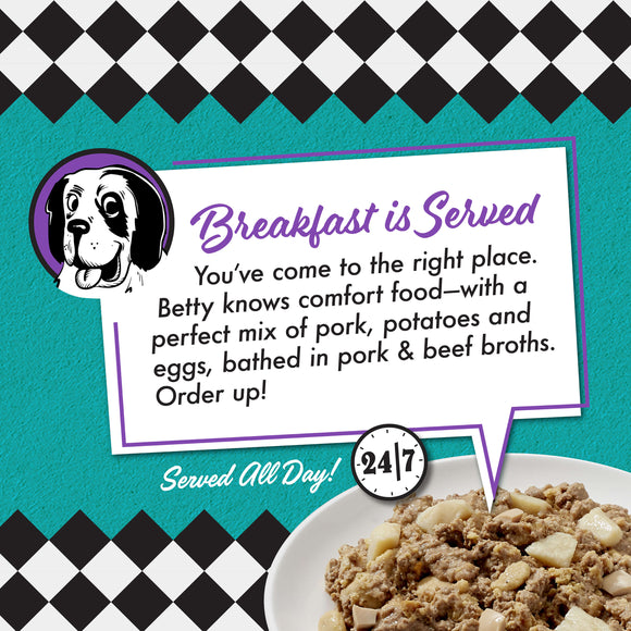 Promotional graphic for a pet food brand with text and a bowl of food on a checkered background
