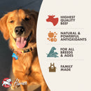 Dog with a product label highlighting quality, health benefits, and family-made aspect.