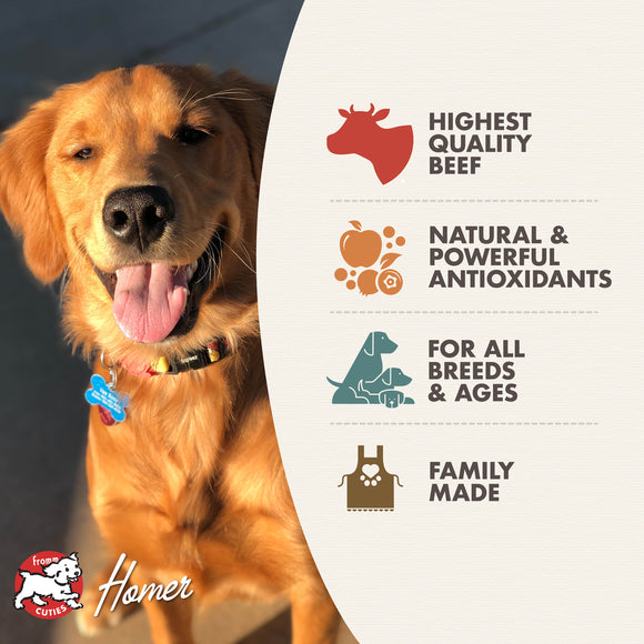 Dog with a product label highlighting quality, health benefits, and family-made aspect.