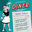 Cartoon waitress character with a 'Diner' sign and 'Guest Check' sheet on a teal background