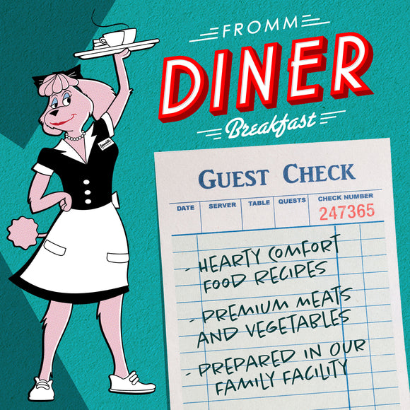 Cartoon waitress character with a 'Diner' sign and 'Guest Check' sheet on a teal background