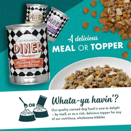 Fromm Diner canned dog food with a bowl of food and text about it being a meal or topper.
