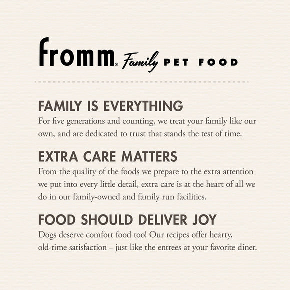 Fromm Family Pet Food advertisement with brand name and mission statement on a beige background