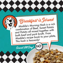 Advertisement for Maddie's Morning Hash with a dog illustration and text on a checkered background.