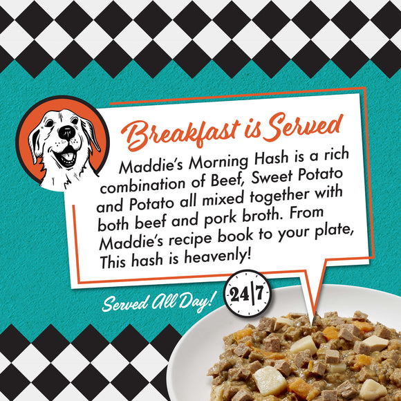 Advertisement for Maddie's Morning Hash with a dog illustration and text on a checkered background.