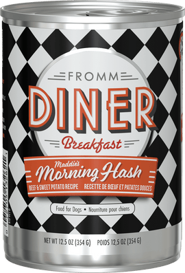 Can of Fromm Diner Breakfast Maddy's Morning Hash for dogs on a black and white checkered background