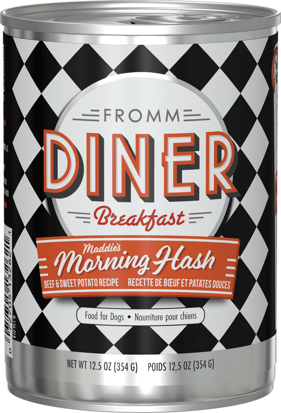 Can of Fromm Diner Breakfast Maddy's Morning Hash for dogs on a black and white checkered background