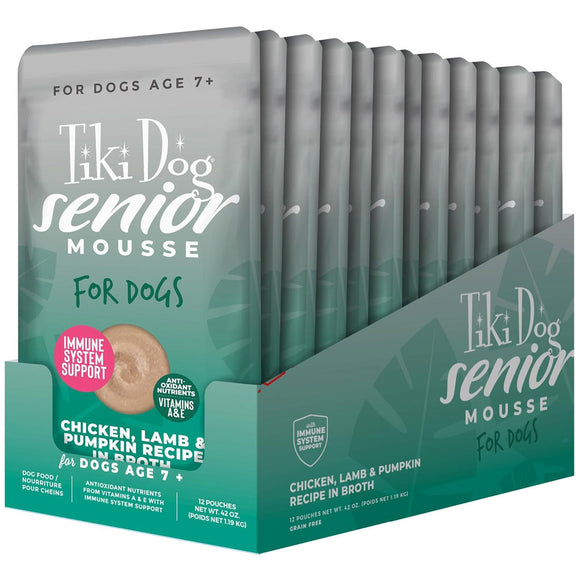 Box of Tiki Dog senior mousse for dogs with multiple packages inside