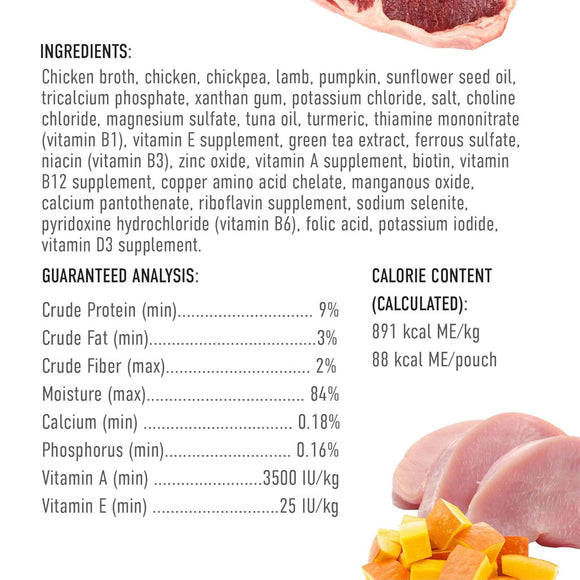 Nutritional label with ingredients, guaranteed analysis, and calorie content for a pet food product.