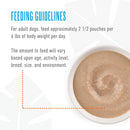 Feeding guidelines for adult dogs with a bowl of dog food on a white background